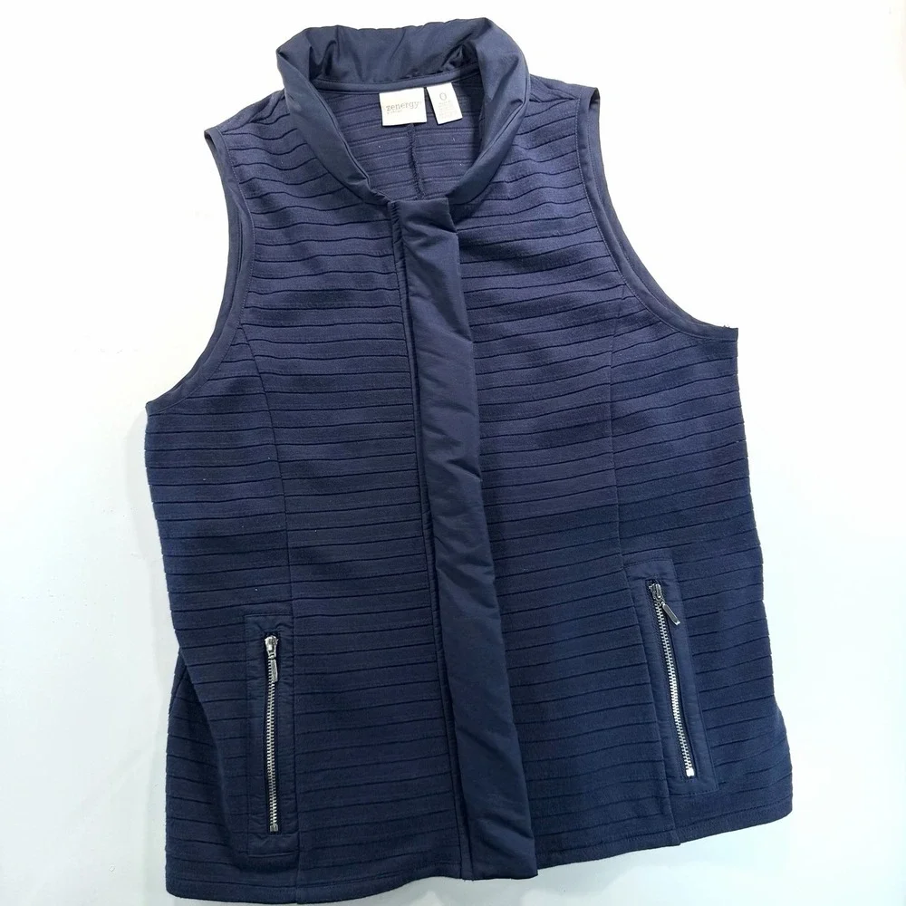 Zenergy by Chico's Navy Blue Lightweight Vest Sheer Stripes Women's Size 0 Small